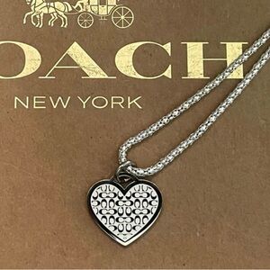 Coach White Enamel Signature Heart Pendant .925 Sterling Silver Necklace